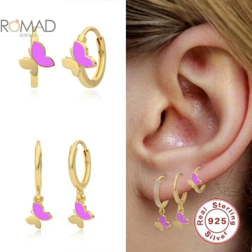 ROMAD 925 Sterling Silver Butterfly Huggie Earrings For Women Round Purple Hoop Earrings Women Enamel Jewelry Charming Aretes