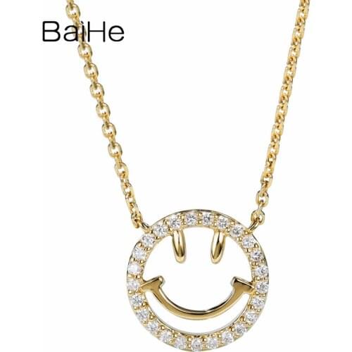 BAIHE Solid 18K Yellow Gold 0.13ct Certified H/SI Natural Diamonds Women Trendy Fine Jewelry beautiful Smiley diamond Necklaces
