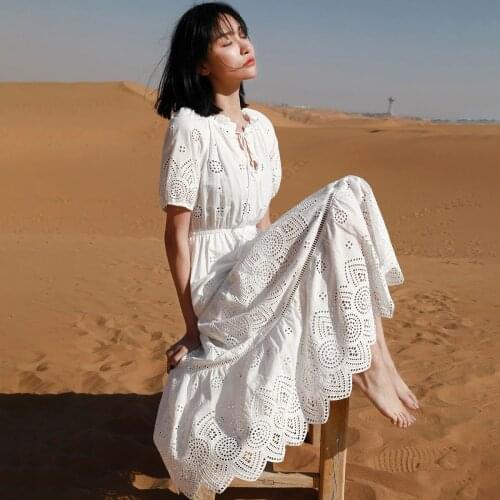 KIYUMI Chic Embroidered Crochet Floral Women Dress Boho Tassel V-Neck Puff Sleeve Midi Dresses Patchwork Lace Hem A-Line Dress