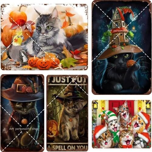 Halloween Cat Tin Signs Retro Vintage for Man Cave Cafe Bar Pub Wall Decor Metal Signs Halloween Decor Cat Lover Gift 12 X 8Inch