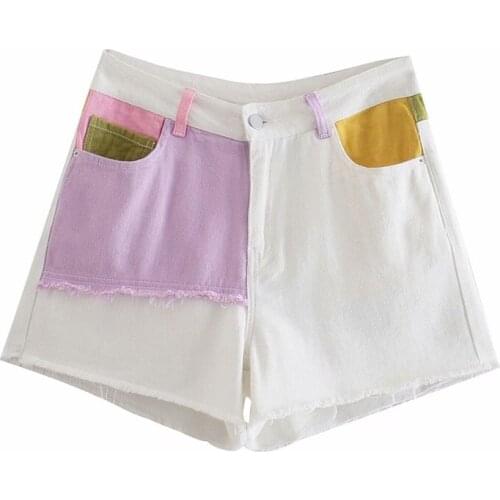 ZXQJ Women 2021 Chic Fashion Pockets Color Patchwork Shorts Vintage High Waist Zipper Fly Female Short Mujer