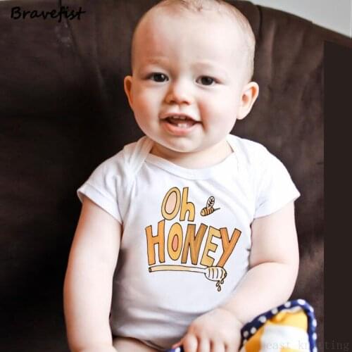 Cute Baby Jumpsuits 0-24Years Old OH HONEY Letters Print Summer Children Boys Girls Clothes Short Sleeve Round Neck Kids Outfits