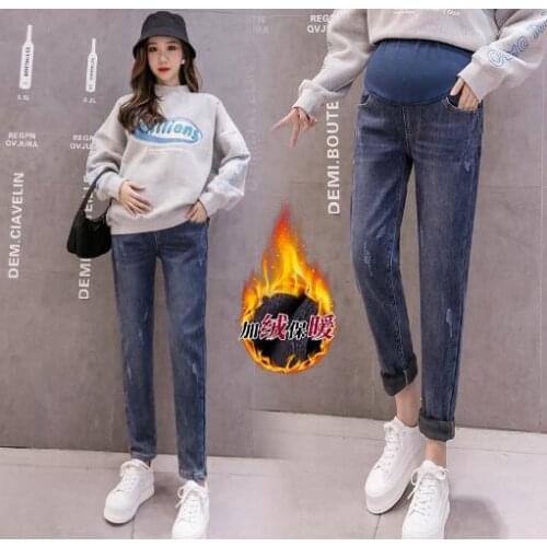 New Winter Thick Warm Plus Velvet Denim Maternity Jeans Adjustable Belly Pants Clothes for Pregnant Women Pregnancy Trousers