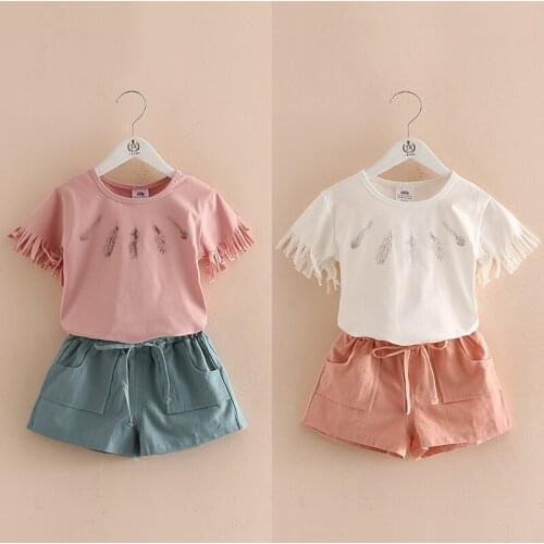 Girls Clothing Set 2020 Summer 3 4 6 8 10 Years Cut Short Sleeve T Shirt+Shorts Drawstring 2 Pieces Kids Girl Casual Cotton Set