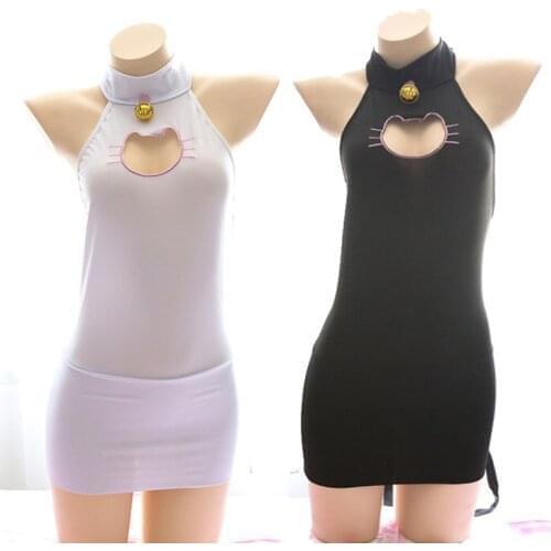 Kawaii Keyhole Cat Hollow Out Women Lingerie Set Skinny Dress + Neko Cat Tail Sexy Cosplay Costume White & Black