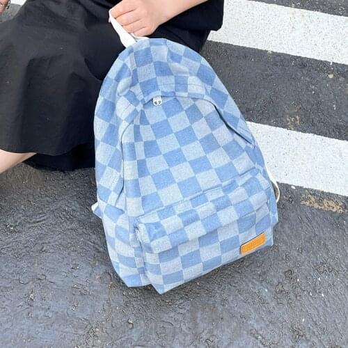 Checkered Women Backpack Female Denim Backpacks for Teenager Girls Large Capacity School Bag Preppy Style Bagpack Casual Mochila