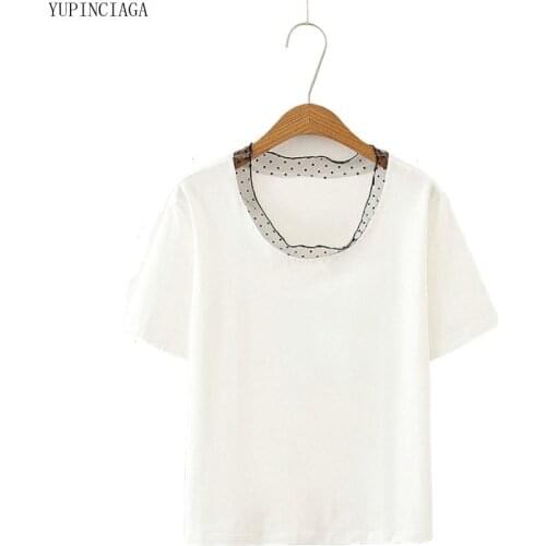 Korean Style 2020 New Summer short-sleeve T shirt Women Loose Stitching Lace Round Neck Solid Color Cotton Tops For Girl