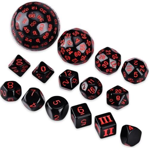 15 Piece Opaque Black Polyhedral Dice Set for DND DCC RPG D3 D4 D5 D6 D7 D8 D10 D% D12 D16 D20 D24 D30 D60 D100