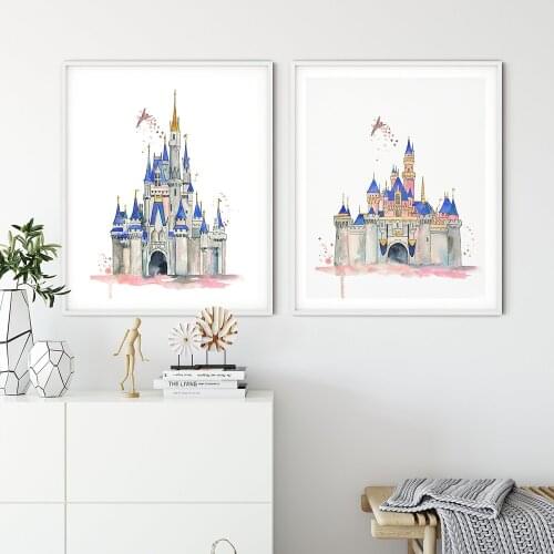 Watercolor Castle Art Princess Nursery Wall Art Print Cartoon Castle Canvas Painting Kids Room Decor Birthday Party Decoration