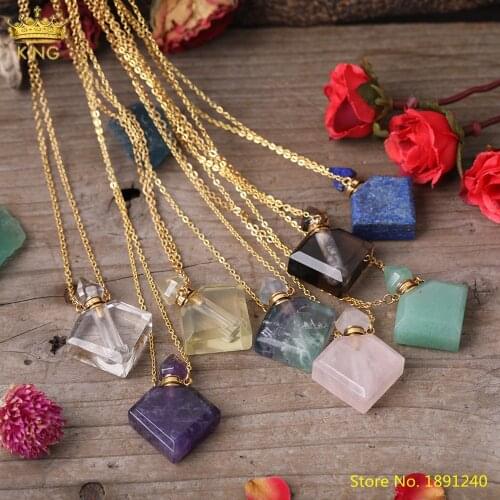 Natural Rose Pink Amethysts Quartz Rhombus Perfume Bottle Pendant Necklace,Gold Crystal Stone Essential Oil Vial Charms Jewelry