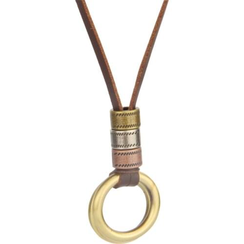 NIUYITID Men Necklace & Pendants Vintage Round Circle Charm Fashion Jewelry For Male Women Brown Leather Rope Bijou Gift