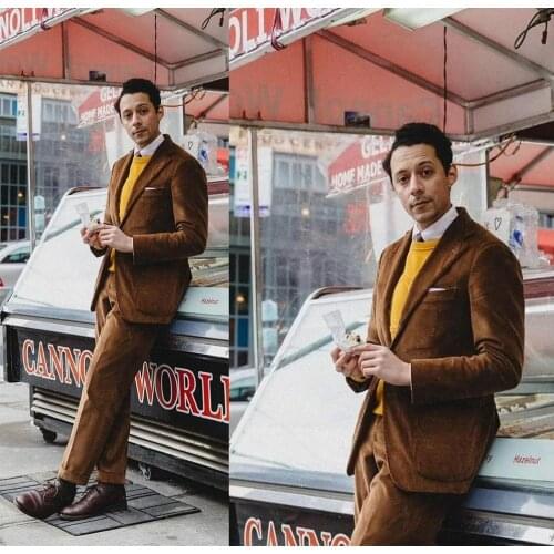 New Corduroy Brown 2 Piece Beach Wedding Tuexdos Formal Prom Suit Party Blazer (Jacket+Pants) Chic Streetwear Custom Made