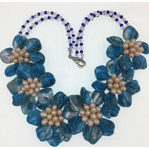 2rows flower freshwater pearl rice and blue shell flower 19inch necklace FPPJ wholesale beads nature