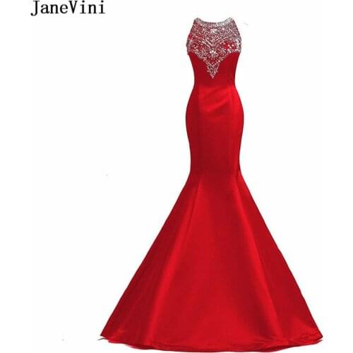 JaneVini Luxurious Red Mermaid Long Bridesmaid Dresses O Neck Heavy Beading Illusion Back Satin Elegant Arabic Prom Party Gowns