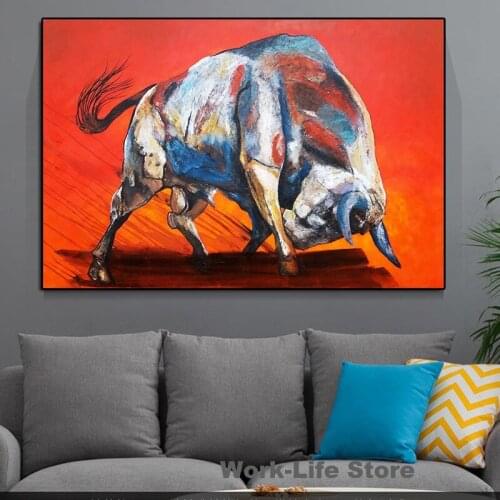 Modern Abstract Red Animal Oil Painting Print on Canvas Wall Art Posters Decorative Doodle Bull Pictures for Living Room Decor