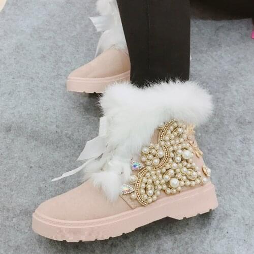 Hot Warm Rabbit Fur Ribbons Bowtie Snow Boots Winter Girls Side Pearl Crystal Studs Heels Fur Martin Boots Cozy Short Bottines