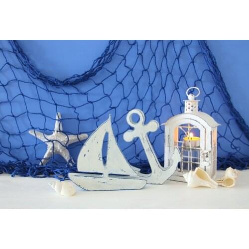 VinylBDS 5x7ft Newborn Party Decoration Wooden Sailboat Lamp Conch Photo Blue Wooden Background for Kids Photo Shoot Studio