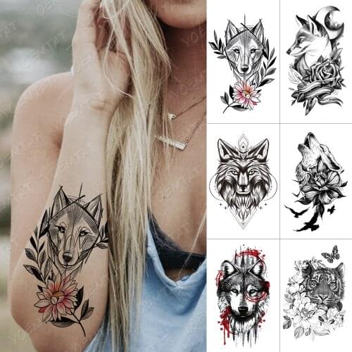 Waterproof Temporary Tattoo Sticker Tiger Lion Moon Fox Rose Flash Tatoo Bird Flower Wolf Body Art Arm Water Transfer Fake Tatto