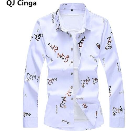 Word Elements White Shirt Mens Single Breasted Square Collar Shirts Fashion Casual Top Large Size S-6XL 7XL Camisa Masculina