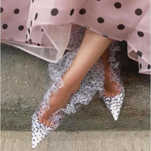 Hot 2019 Spring New Woman Dot Print PVC Mesh Pointed Toe Thin Heels Slip On Sexy Party Pumps High Quality Ruffles Shoes Lady