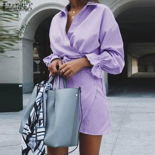 Fashion Striped Shirt Dress Womens Lapel Sundress ZANZEA Casual Lace Up Mini Vestidos Female Long Sleeve Robe Femme Plus Size