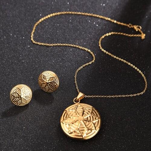 Fashion Round Pendant Necklace With Earrings Women Jewelry Set, 316L Stainless Steel Gold Color gifts for Christmas 2017