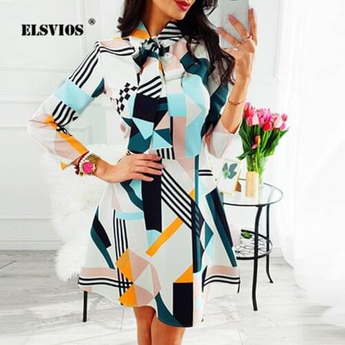 ELSVIOS Women Geometric batterfly Print long sleeve Mini Dress Office Lady Bow tie Autumn dress Elegant slim A Line Party Dress