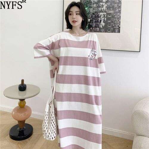 NYFS Summer Dress 2021 Korean New Loose Stripe Woman Dress Vestidos Robe Elbise Fashion Short Sleeve Dresses