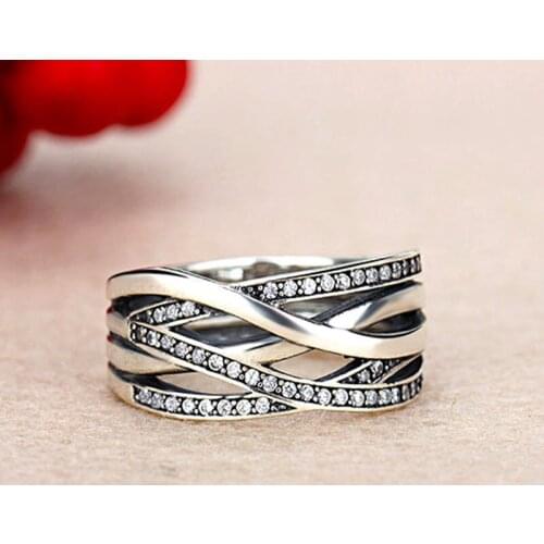 100% 925 Sterling Silver Pan Ring Creative Classic Winding Hollow Out Interwoven Ring For Women Wedding Party Fashion Jewelry