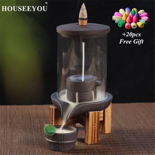 20Pcs Incense Cones + Backflow Incense Burner with Acrylic Protective Cover Ceramic Smoke Waterfall Incense Holder Aroma Censer