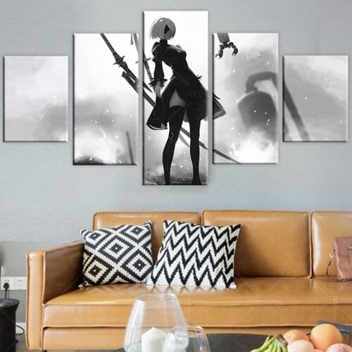 5pieces Video Game NieR Automata Poster Cool Anime Girl Oil Painting Canvas Gaming Wall Decor Boy Room Decoration