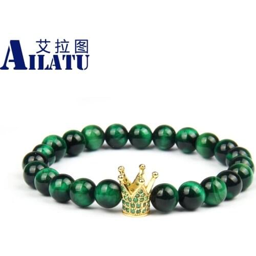 Ailatu New Crown Bracelets with 8mm Green Tiger Eye Stone Beads Yoga Jewelry & Bangles Party Gift Charm Copper Unisex Classic