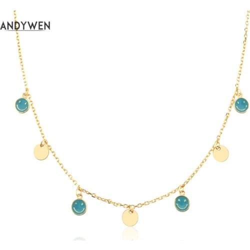 ANDYWEN New 925 Sterling Silver Gold Turquoise Happy Face Smiley Chain Necklace 2021 Wedding Gift Wedding Tiny Charm Jewelry