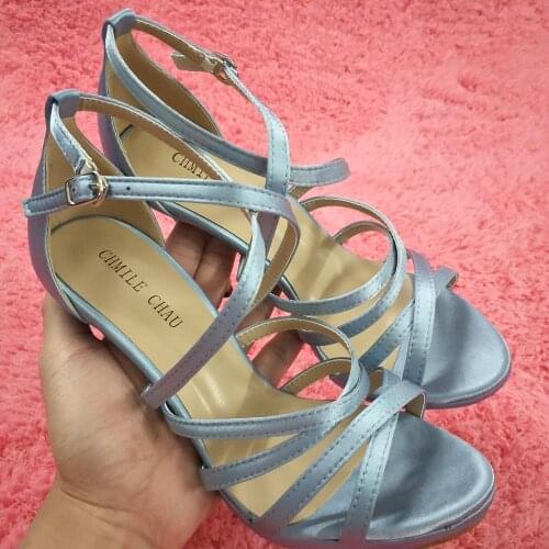 Sexy Sky Blue Satin Sandals High Heel Fiesta Party Women Sandal Summer New Open Toe Ankle Strap Stiletto Platform 12cm Heel Shoe