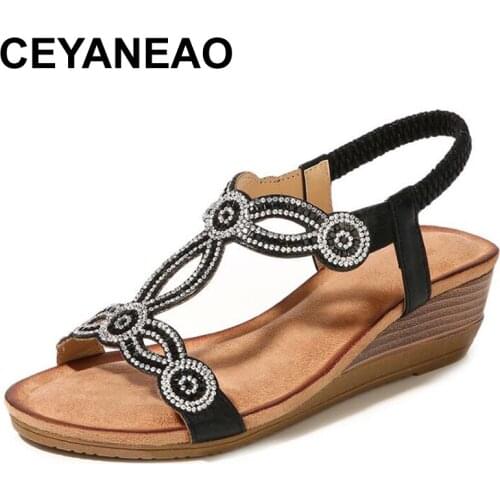 CEYANEAO 2019 new bohemian wedge sandals with rhinestones; Womens fashion sandals; big sizes; European sizes 35-43