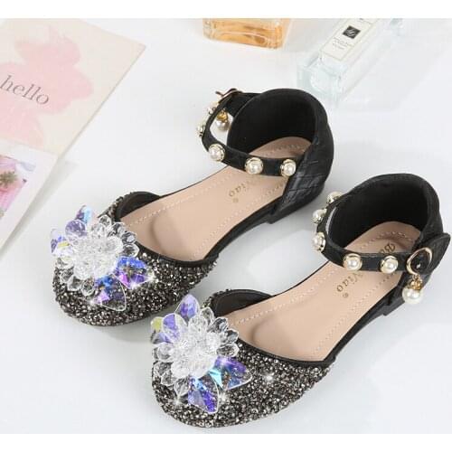 Princess Kids Leather Shoes for Girls Flower Casual Glitter Children High Heel Girls Shoes Butterfly Knot Blue Pink Silver