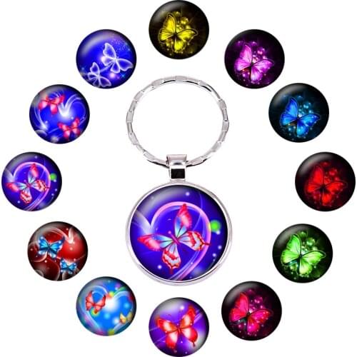Colorful Butterfly Keychains Cabochon Glass Key Chains Accessories Cute Jewelry for Women Men Birthday Gift E8