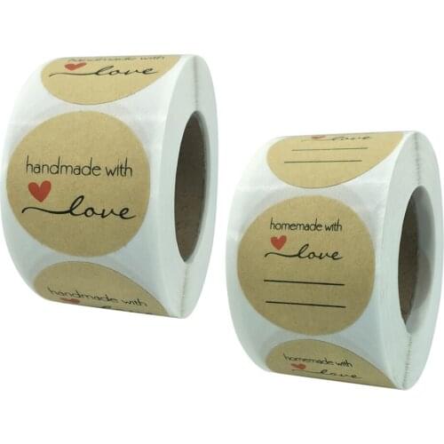 500pcs/roll Cute Kraft Paper Handmade with Love Stickers 3.8cm Decoration Label Stationery Sticker