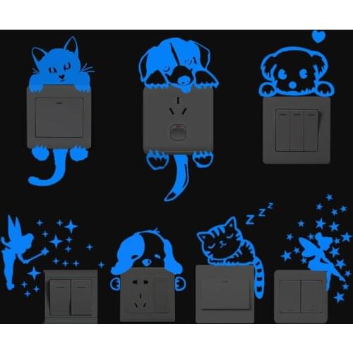 Cartoon Luminous Switch Sticker Glow In The Dark Wall Stickers Home Decor Kids Room Decoration Sticker Decal Cat Fairy Moon Star