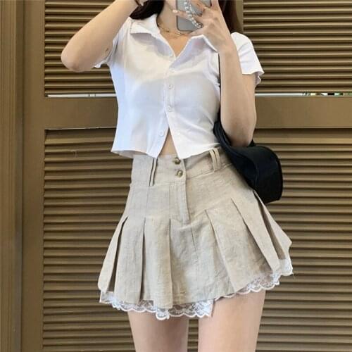 Soft Girl Lace Side Khaki Pleated Skirt Short Skirt Female Summer 2021 New High Waist Slim Skirt Extreme Sexy Mini Micro Skirt