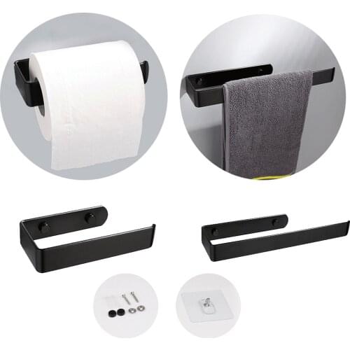 Black Paper Roll Towel Holder Rack Kitchen Bathroom Home Organizer Shelf, Self Adhesive & Screw Mounted