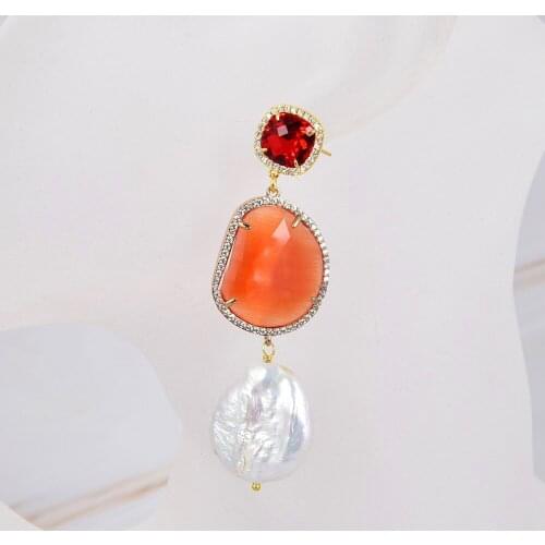 Natural White Coin Pearl Cultured White Keshi Pearl Orange Crystal Cz Pace Hook Dangle Earrings
