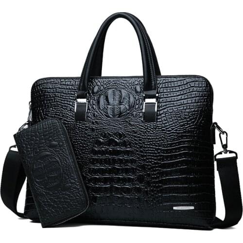 Bags new double pull mens handbags fashion crocodile pattern shoulder bag diagonal briefcase business computer bag leather bag