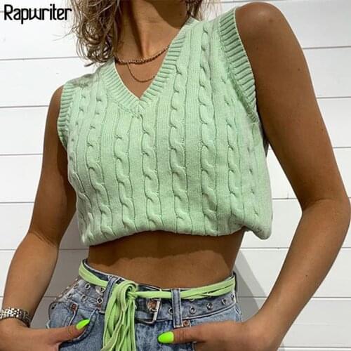 Casual Solid Y2K Geometric Pattern Knitted Sweater Vest Preppy Style V Neck Cropped Tank Top Female 90s Knitwear Autumn Winter