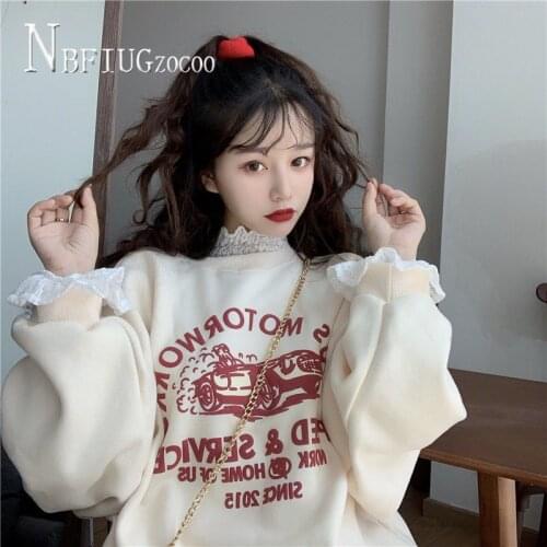 Sweatshirts Women Autumn Winter Korean New Bf Style Cartoon Lace Patchwork Fake Two Pieces Female Sweatshirt