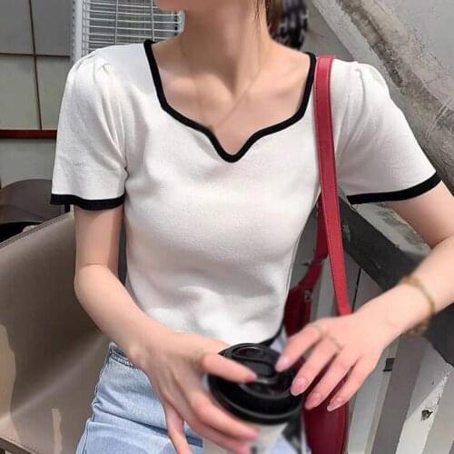 Women V Neck Tees Summer Slim Solid Color Knitted Short Sleeve T-Shirt Tops Casual Fashion T-Shirts Clothing