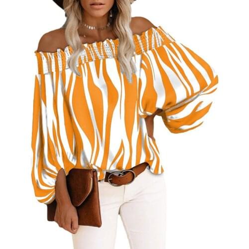 Women Sexy Off Shoulder Stripe Print Chiffon Shirt Top Spring Autumn Slash Neck Lantern Long Sleeve Casual Tops Woman Plus Size