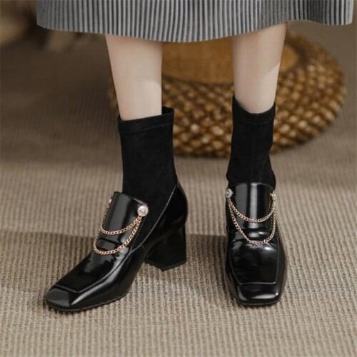 PXELENA Designer Metal Chain Ankle Boots Women Genuine Leather Block High Heels Party Office Lady Work Shoes Plus Size 34-43 OL