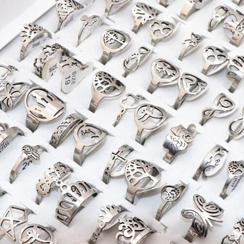 50Pcs/lot Mix Random Style Laser Cut Pattern Stainless Steel Rings Women Party Ring