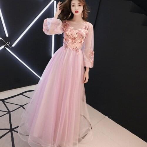 Women Fashion Evening Banquet Tulle Dress Sleeveless Pink Dress Slim Ball Gown Dresses Flower Embroidery Mesh Gauze Vestidos